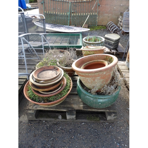 22 - An assortment of salt glazed stoneware and terracotta planters, pots and saucers