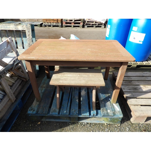 60 - A teak garden table together with two matching forms