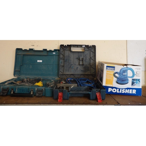 92 - A Makita 110 volt rotary hammer drill, a Bosch 110 volt jigsaw and a Draper polisher