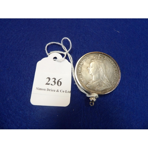 236 - A Victorian five shilling coin dated 1887 now modelled as a pendant