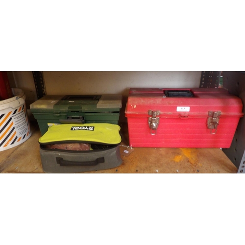 113 - A Ryobi sander together with two plastic tool boxes containing a quantity of tools