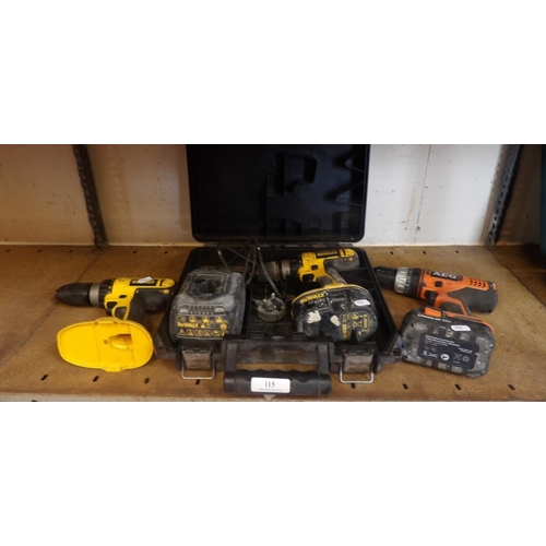 115 - Two DeWalt battery drills together with an AEG battery drill