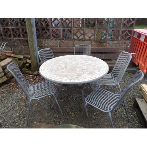 34 - A circular metallic patio table the top with inlaid stone mosaic decoration together with four chair... 