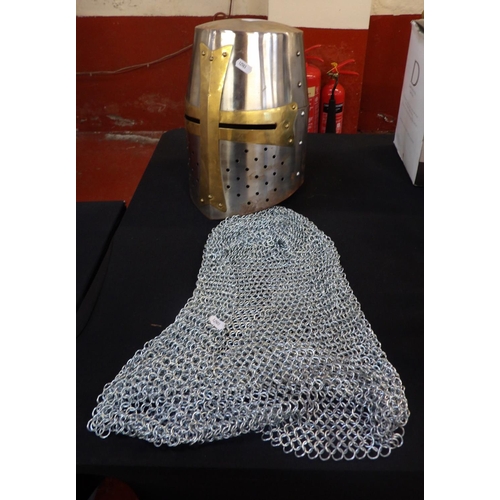 260 - A chainmail head dress together with a knight's helmet