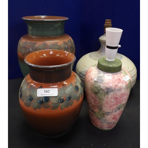 342 - Two Jersey Pottery vases together with two Jersey Pottery table lamps