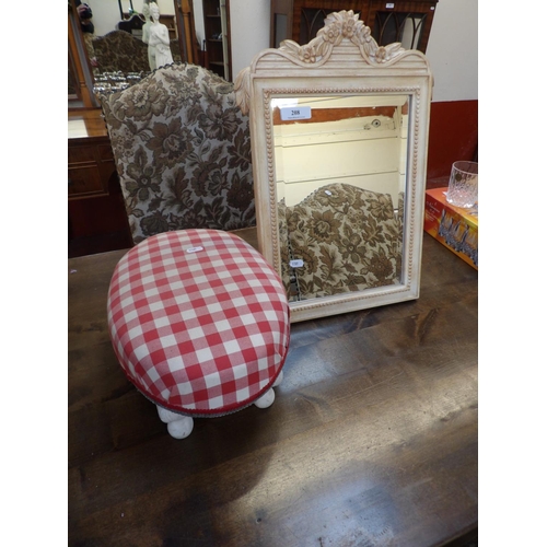 208 - An oval shaped foot stool together with a bevelled glass table mirror