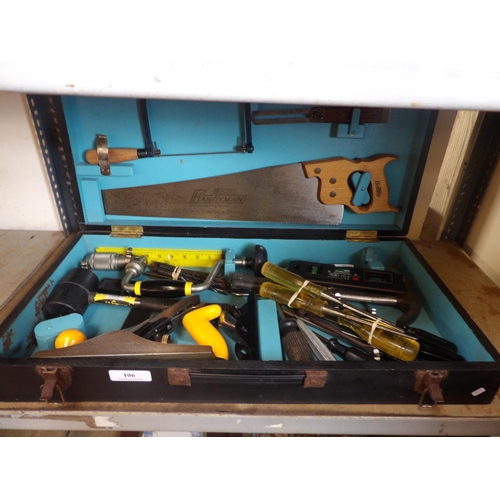 106 - A wooden tool box containing a varied accumulation of hand tools