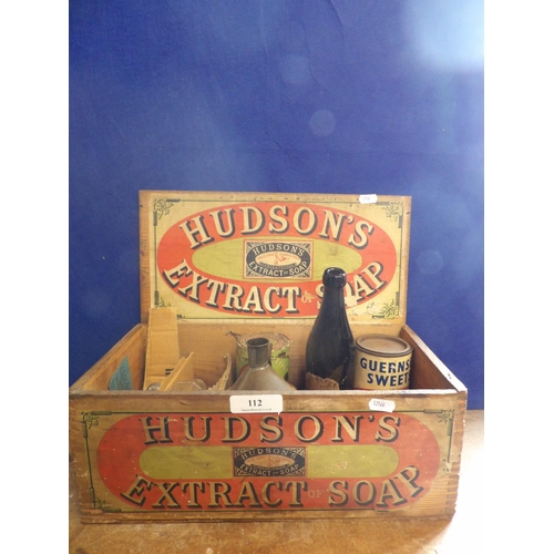 112 - A vintage Hudson's Extraction of Soap Box containing a range of vintage household effects