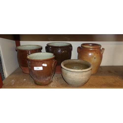 116 - Three vintage salt glazed stone ware creamers together with two other pieces of stoneware