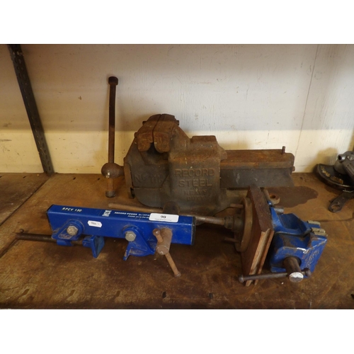 90 - A Record Steel no. 111 bench and engineering bench vice together with a Record bench vice and clamp