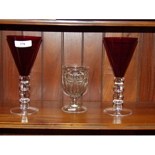 278 - A pair of Bohemian glass cocktail glasses together with a vintage rummer