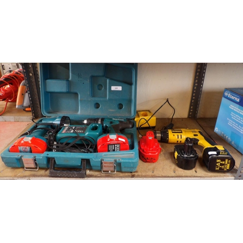 109 - A DeWalt battery drill with two batteries and charger together with a Makita battery drill and torch... 