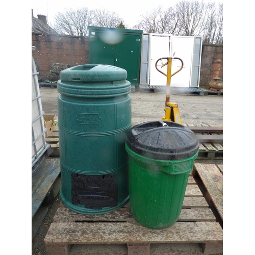 64 - A green PVC composter together with a plastic dustbin and lid