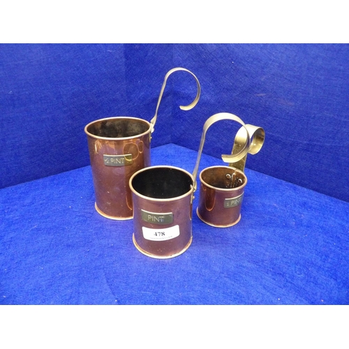 478 - A set of three graduated copper and brass mounted measures