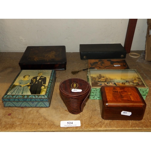 524 - A set of four stirrup cups encased within a hide case together with various vintage tins and boxes