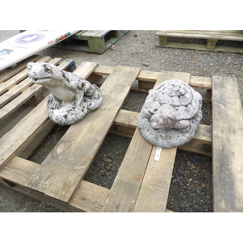 24 - Two reconstituted stone models one of a tortoise the other of a frog