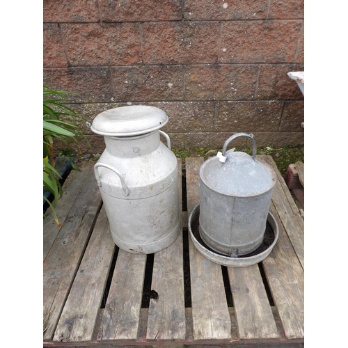 28 - A vintage aluminium Jersey milk churn together with a vintage galvanised chicken waterer