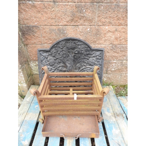 37 - A substantial iron fire basket (40cm x 60cm) together with a cast iron fire back (71cm x 84cm)