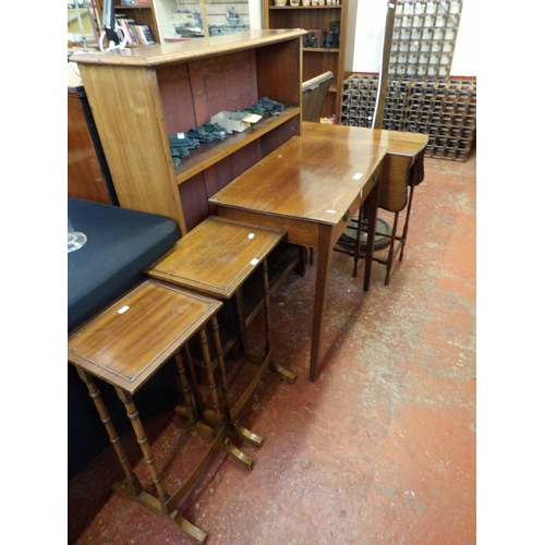 366 - A range of mahogany furniture to include a three tier open bookcase, a drop leaf table, a console ta... 