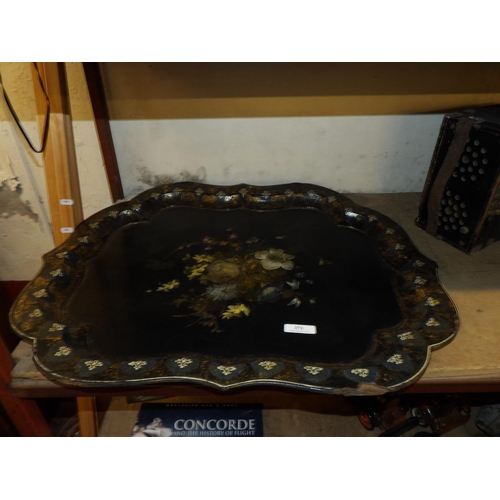 371 - A large Victorian papier mache tray with hand painted floral and gilded decoration