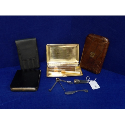 293 - Two cigar cases, a Colibri cigarette case and one other, a cigar cutter, a pipe smoker's reamer, a c... 