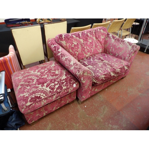 308 - A love seat and foot stool upholstered in red coloured flock fabric