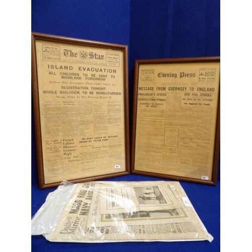 270 - Two framed Guernsey Occupation newspaper pages together with assorted similar ephemera