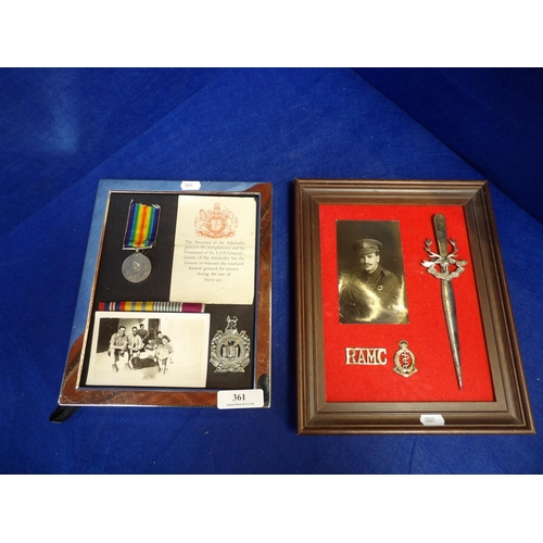 361 - A frame containing a World War II medal, a ribbon bar, a cap badge, a photograph and a certificate t... 