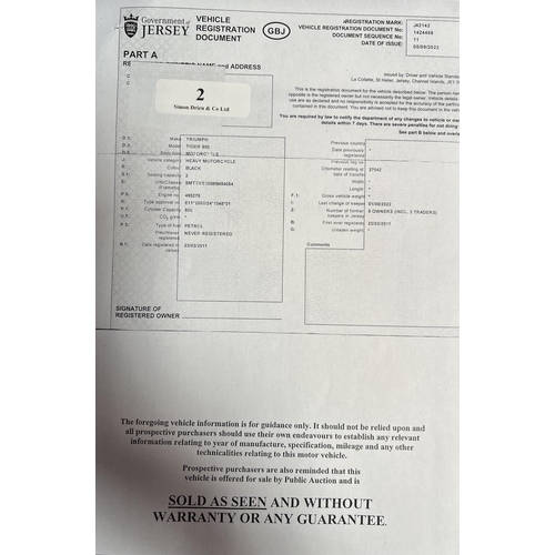 2 - A 2001 Triumph Tiger 800 motorcycle J42142, odometer reading 27,705 miles