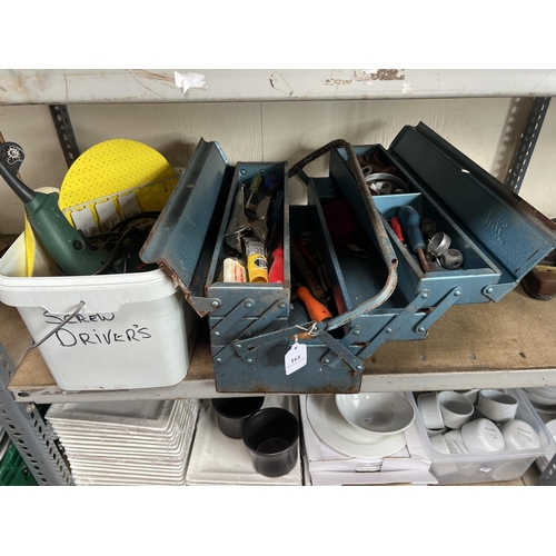 161 - A cantilever tool box, various hand tools and a power drill