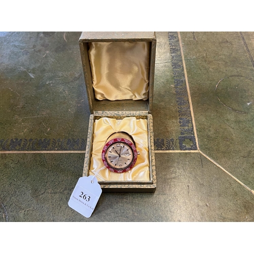 263 - An Elta 17 Rubis jewel brass cased table clock in original fitted box