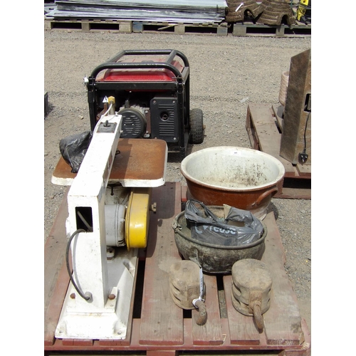 105 - A nineteenth century salt glazed stone ware dough pan, a cauldron, two block pulleys etc.