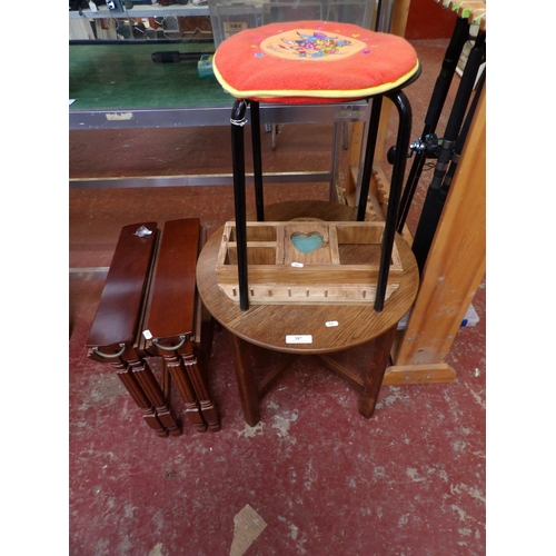 387 - Three occasional tables, a stool and a wall shelf