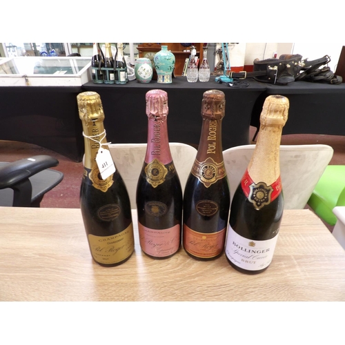 411 - Three bottles of Pol Rogers champagne together with a bottle of Bollinger champagne