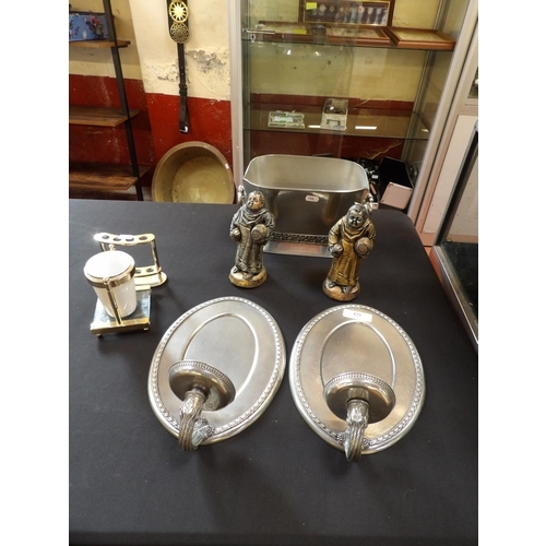 429 - A pair of Royal Selangor pewter wall mounted candle sconces, an ice bucket, two monk figures etc.