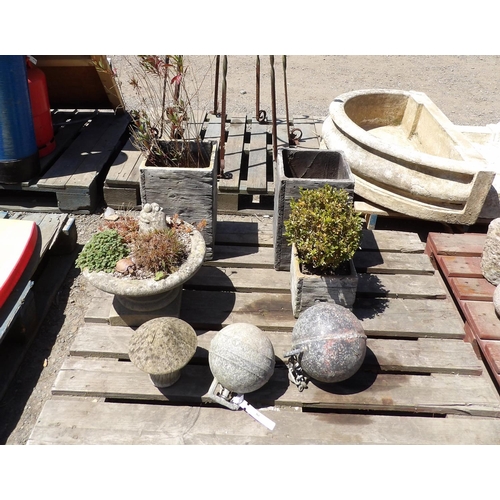 80 - A pair of simulated timber planters together with two others, a garden model and two vintage fishing... 