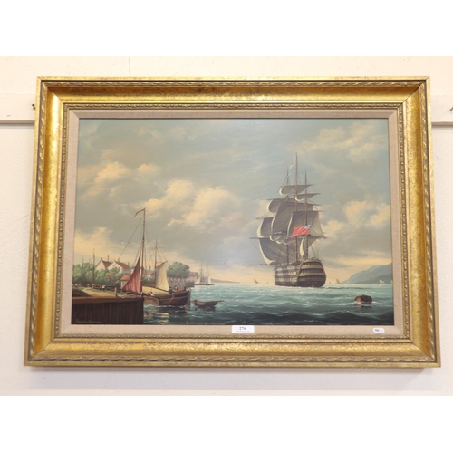 276 - A moored galleon with fishing boats and figures by Salvatore Colacicco, oil on artist's panel