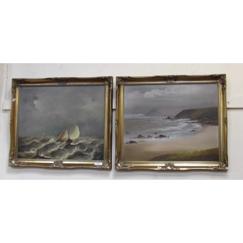 283 - Two gilt framed oils Galleon in Stormy Sea by Dean Laurent and Coastal Scene signed Arden