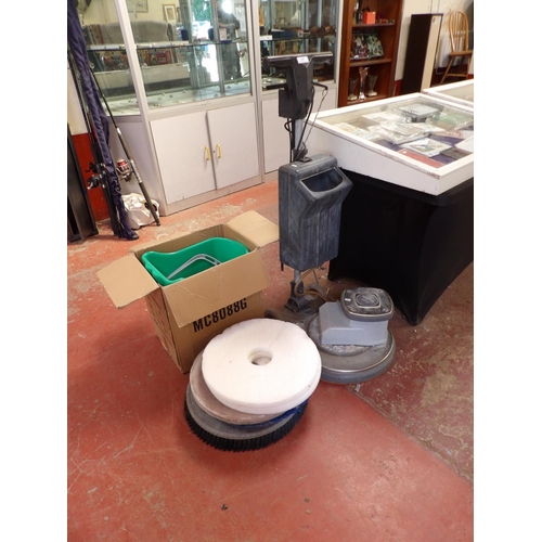 339 - A Nilfisk 511A commercial floor polisher/scrubber together with a multi function janitor's cart