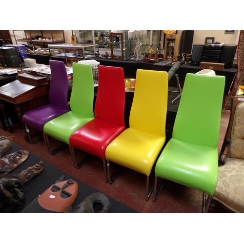 346 - A set of five contemporary chrome framed high back dining chairs upholstered in harlequin coloured f... 