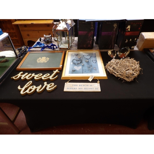 355 - Two crystal heart models, a serving tray, various signs, an LED root heart etc.