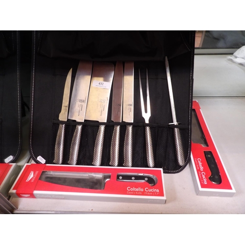 432 - A set of Samurai chef's knives together with a carving fork and steel and two boxed Paderno cook's k... 