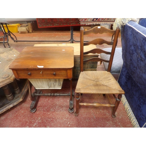 276 - A Victorian rosewood work table with silk upholstered slide out pannier together with a provincial r... 