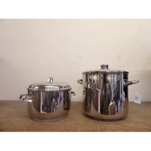 445 - Two stainless steel lidded saucepans