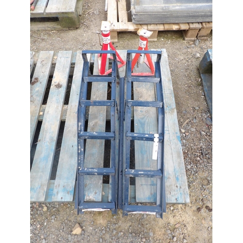 98 - A pair of vehicle inspection ramps together with a pair of axle stands