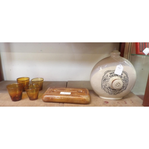 167 - A vintage Royal Doulton bed warmer together with a salt glazed foot warmer and four amber glass drin... 