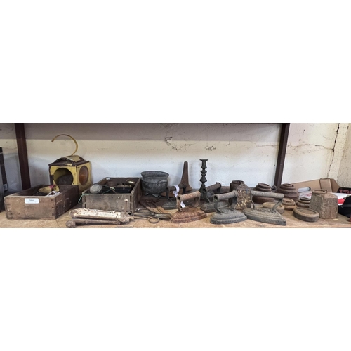 504 - A selection of vintage door and drawer furniture, flat irons, scale weights, a road lantern etc.