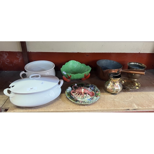 507 - A Carlton Ware lobster salad dish, other ceramics, a vintage copper saucepan and assorted brass ware