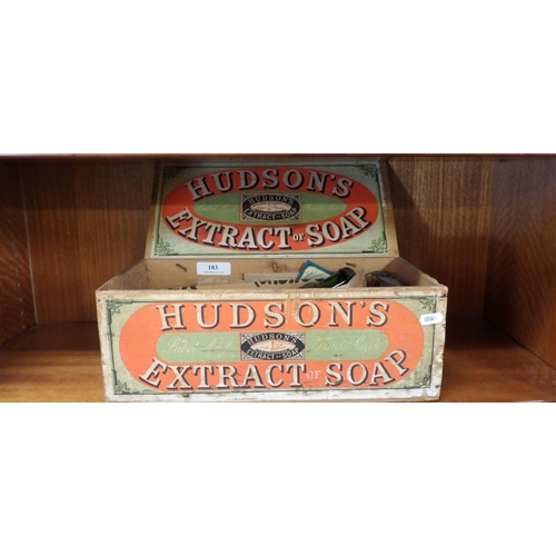 183 - A vintage Hudsons Extract of Soap Box containing an assortment of vintage glass ware