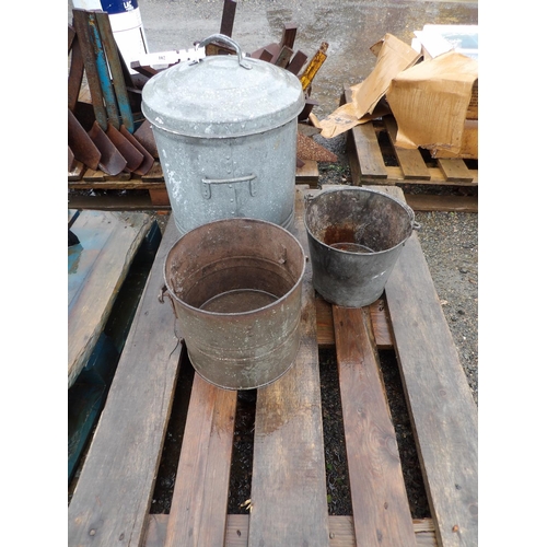 102 - A vintage galvanised lidded dustbin together with an ash bucket and a pail